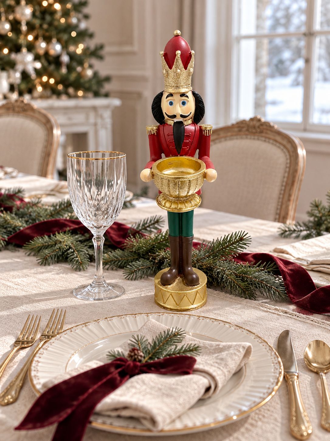Bougeoir Casse-Noisette Royal sur une table de Noël en lin, près d’un verre et de vaisselle ancienne.