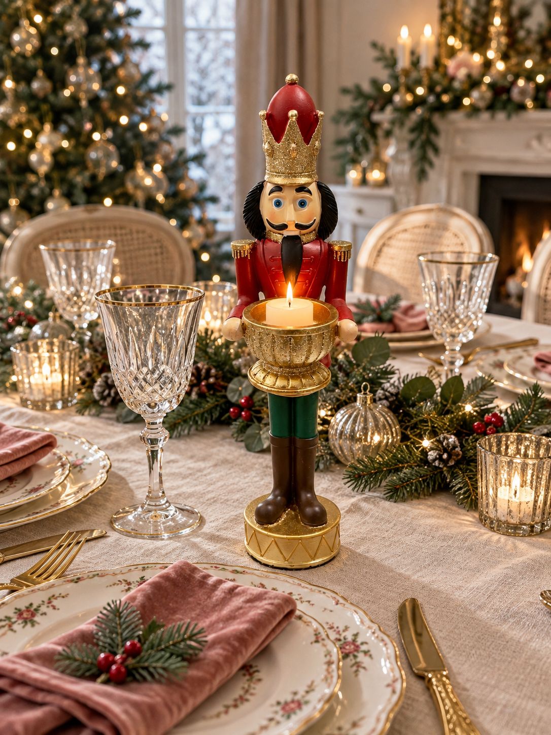 Bougeoir Casse-Noisette Royal avec une bougie allumée sur une table de Noël romantique, avec porcelaine et serviettes vieux rose.
