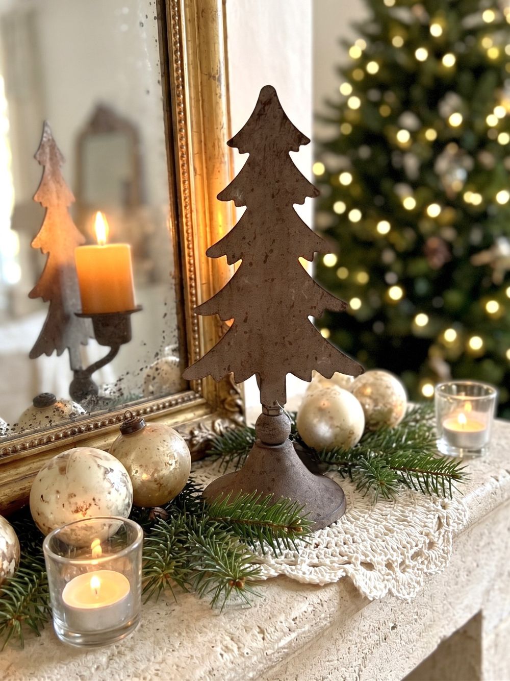 Bougeoir sapin de Noël Blanc Mariclò en métal brun patiné sur pied, style vintage shabby chic pour décorer une console ou une table de fête