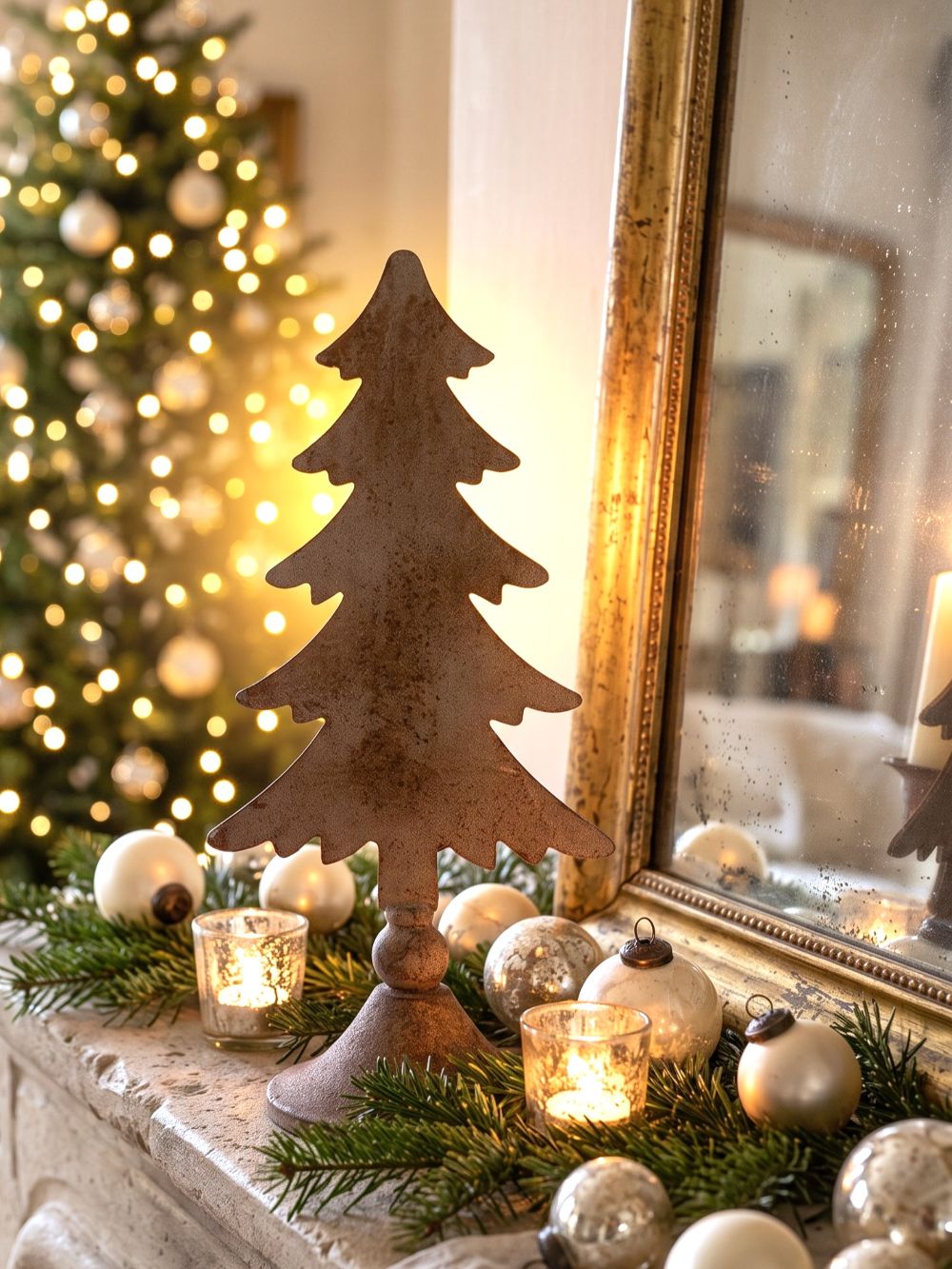 Bougeoir sapin de Noël Blanc Mariclò en métal brun patiné sur pied, style vintage shabby chic pour décorer une console ou une table de fête