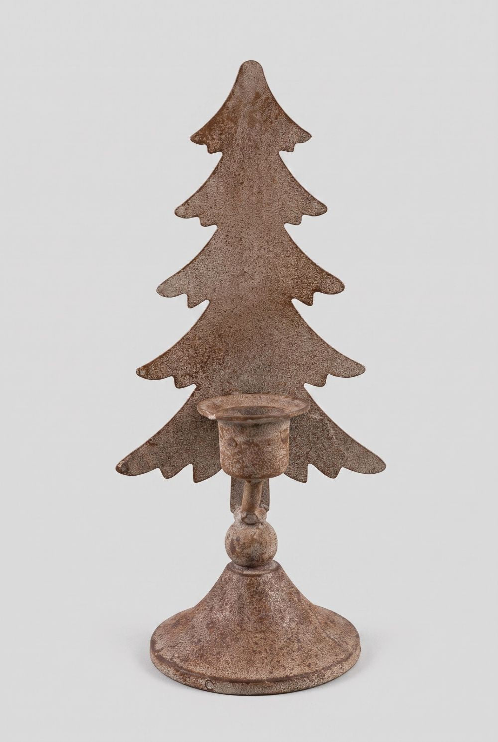 Bougeoir sapin de Noël Blanc Mariclò en métal brun patiné sur pied, style vintage shabby chic pour décorer une console ou une table de fête
