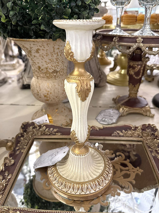 Bougeoir décoratif en résine style shabby chic, ivoire et doré, pour une ambiance romantique et élégante