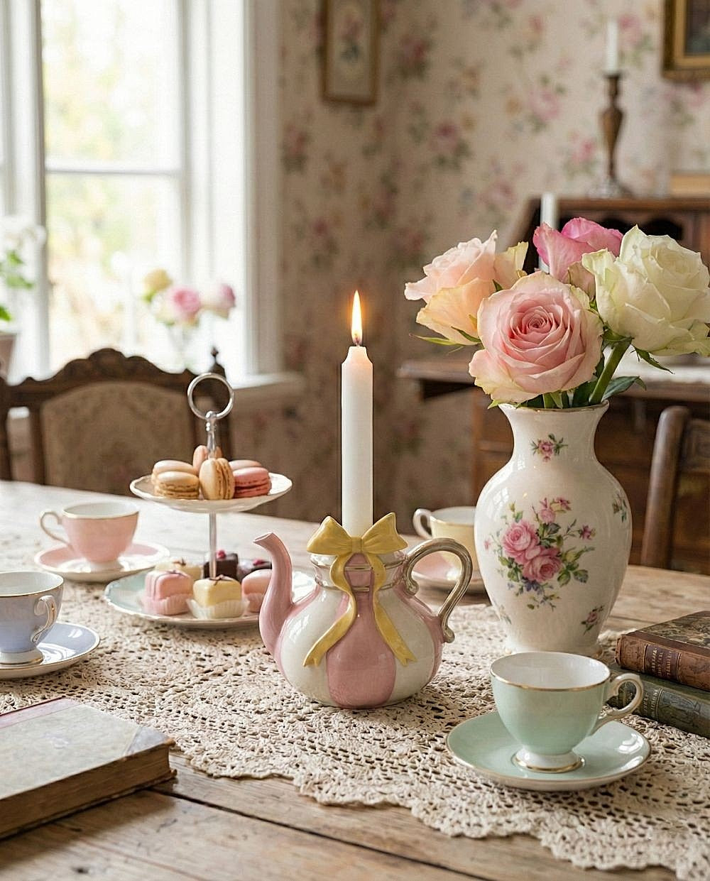 Bougeoir décoratif en forme de théière rose et blanc au style shabby chic romantique, ambiance poétique et décoration de charme