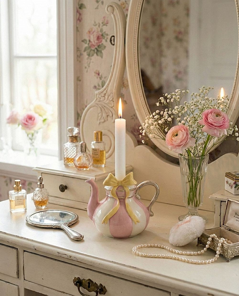 Bougeoir décoratif en forme de théière rose et blanc au style shabby chic romantique, ambiance poétique et décoration de charme