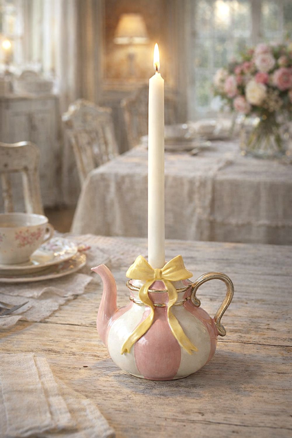 Bougeoir décoratif en forme de théière rose et blanc au style shabby chic romantique, ambiance poétique et décoration de charme