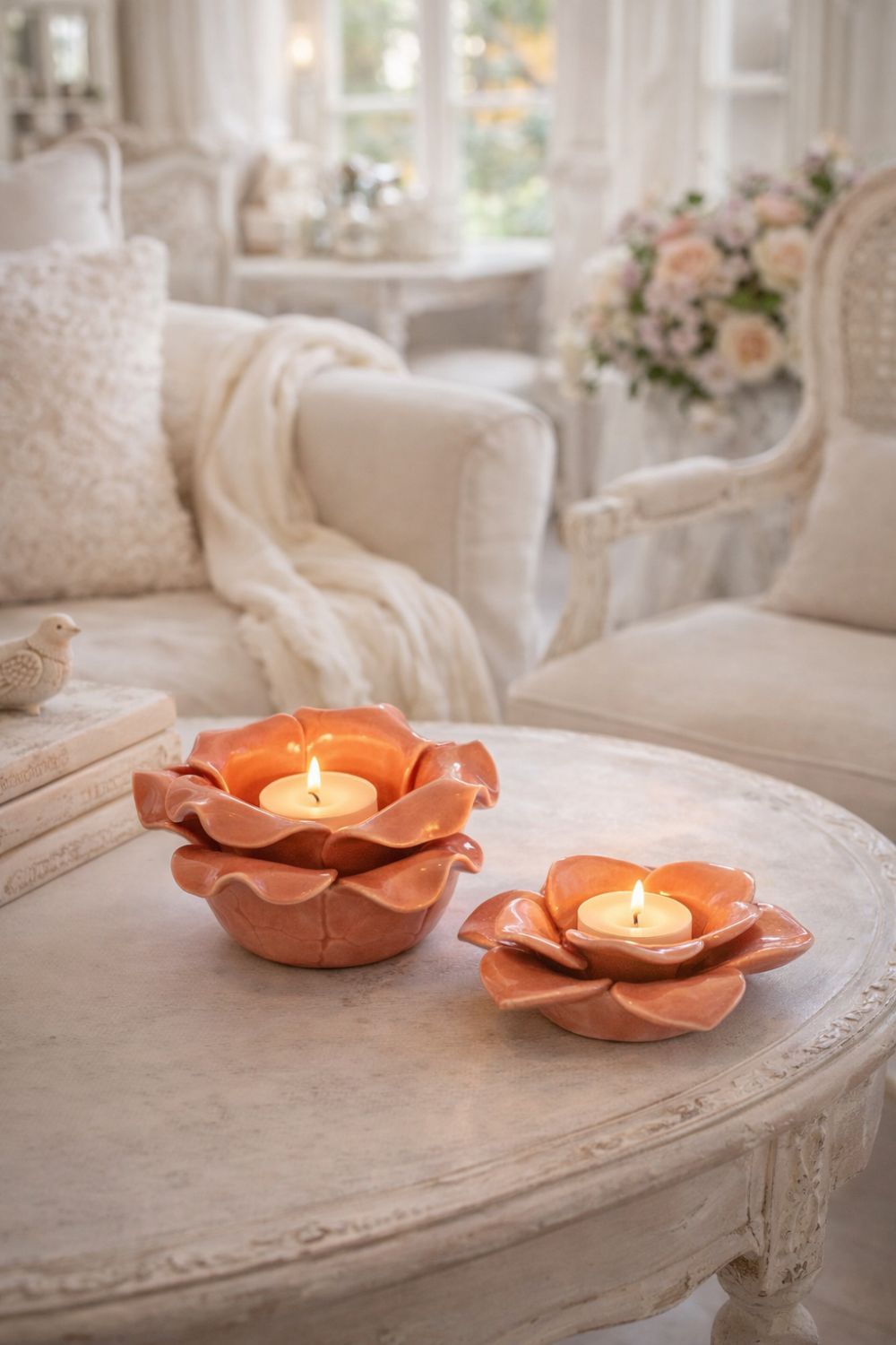 Lot de bougeoirs en forme de fleur rose en faïence, style shabby chic et décoration romantique, ambiance douce et poétique