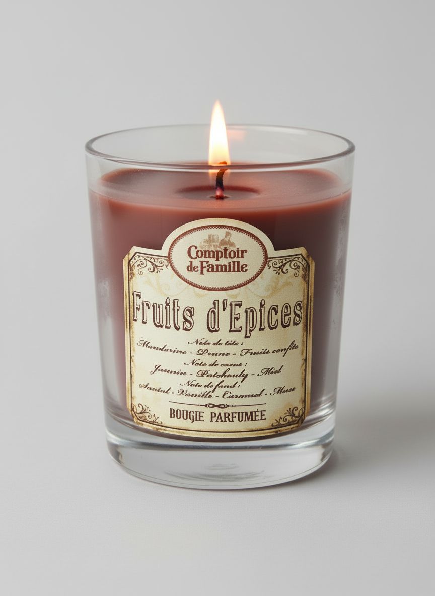 Bougie parfumée Fruits d’Épices Comptoir de Famille dans son contenant en verre ambré, ambiance chaleureuse et déco shabby chic, parfum épicé et gourmand idéal pour une atmosphère cosy