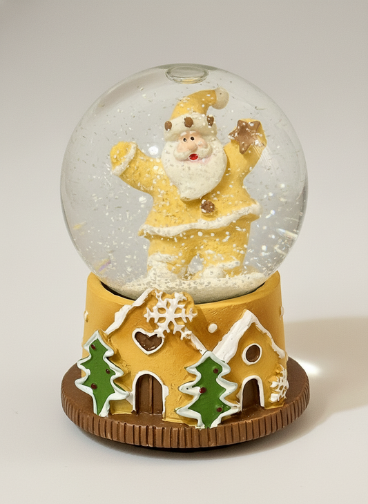 Boule à neige miniature avec Père Noël doré et base en forme de maison pain d’épices, déco de Noël romantique et féérique aux tons dorés, blancs et verts