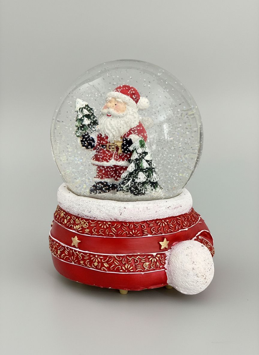 Boule à neige Père Noël musical rouge et doré avec sapins enneigés, accessoire de décoration féérique et de charme pour Noël