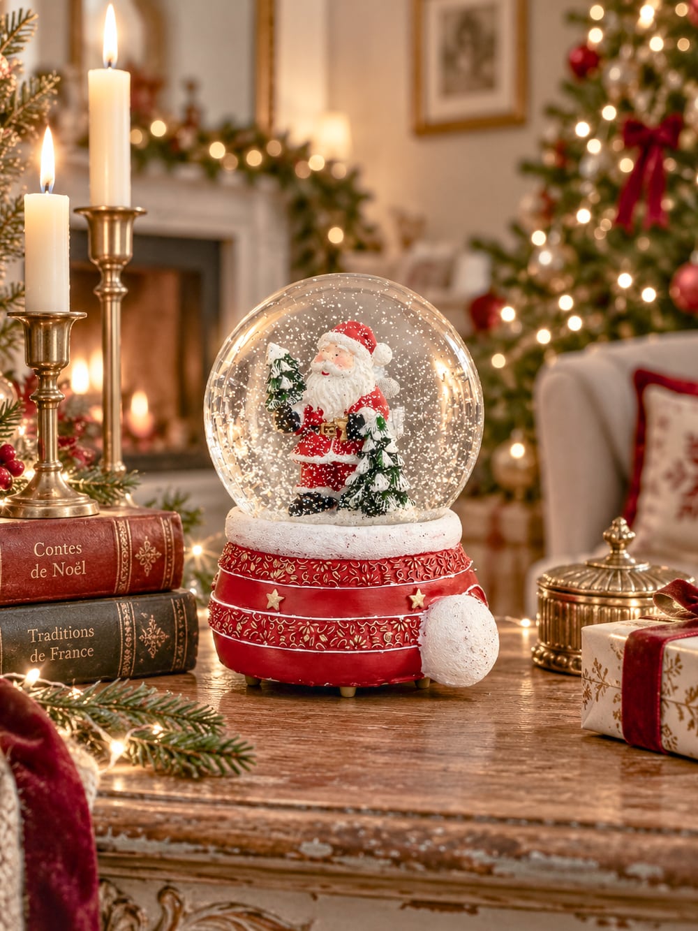 Boule à neige Père Noël musical rouge et doré avec sapins enneigés, accessoire de décoration féérique et de charme pour Noël