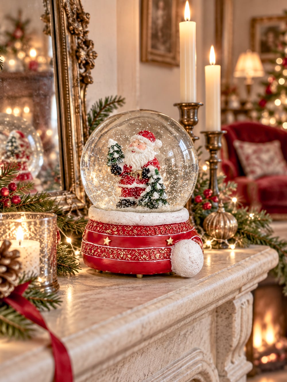 Boule à neige Père Noël musical rouge et doré avec sapins enneigés, accessoire de décoration féérique et de charme pour Noël