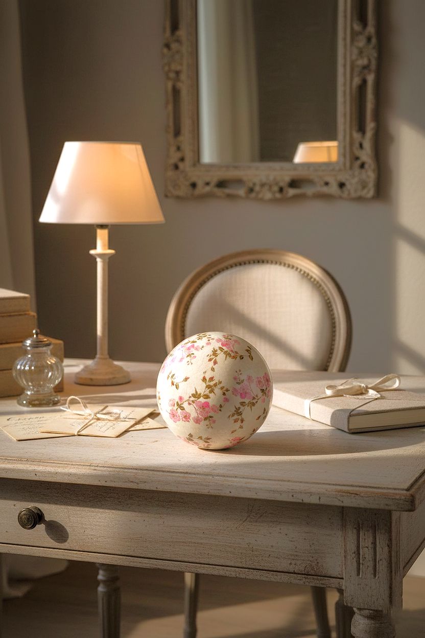 Boule Liberty en terre cuite 12 cm motif floral rose poudré et vert sur fond blanc patiné, décoration romantique shabby chic, ambiance maison de charme