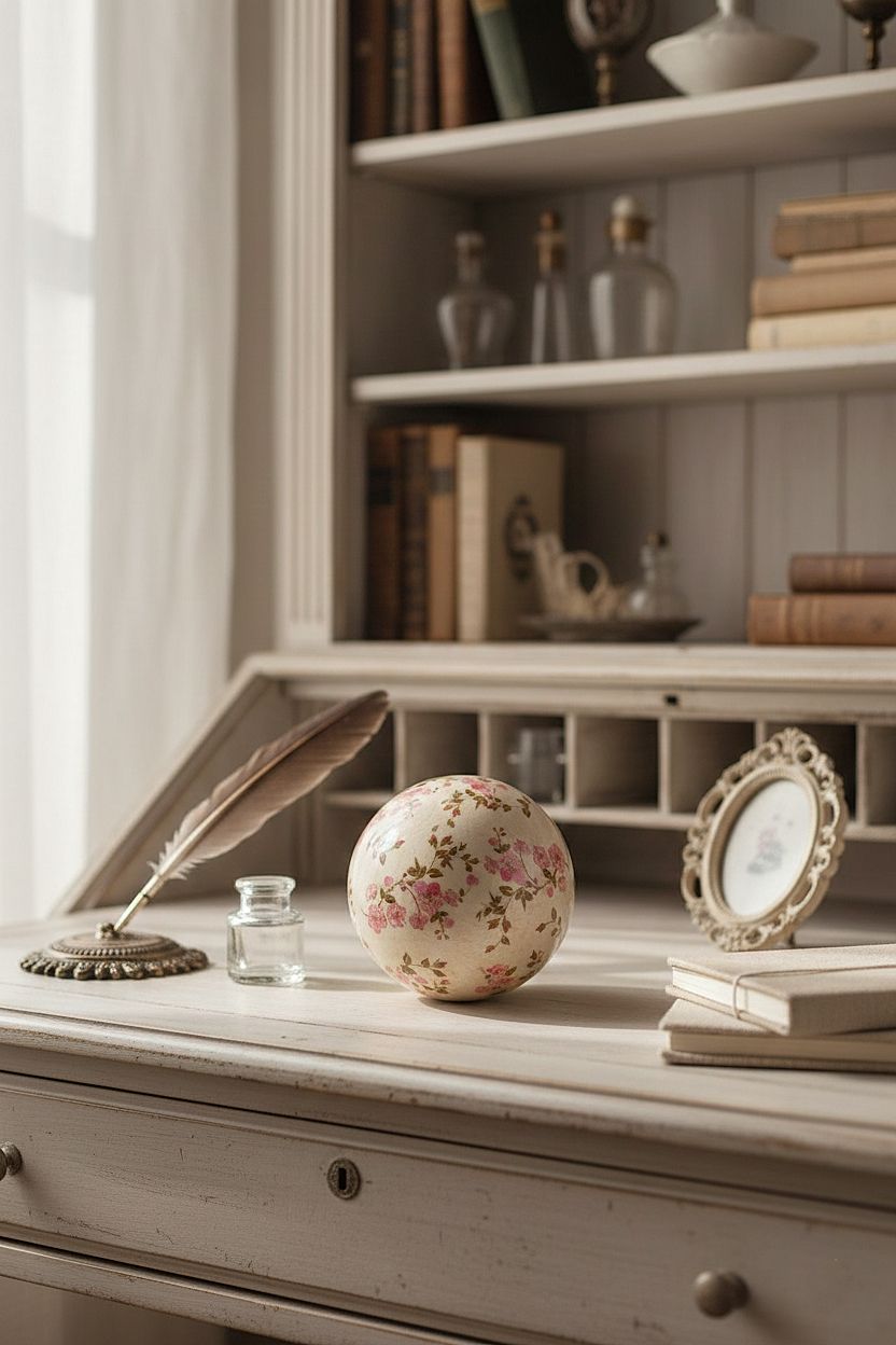 Boule Liberty en terre cuite 12 cm motif floral rose poudré et vert sur fond blanc patiné, décoration romantique shabby chic, ambiance maison de charme