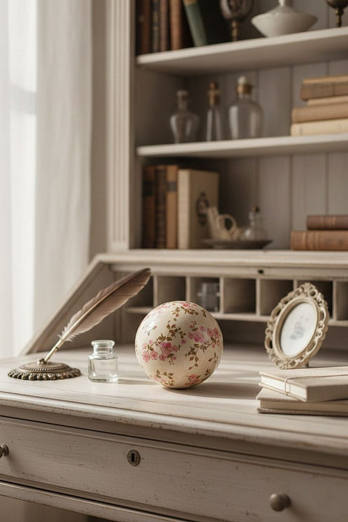 Boule Liberty en terre cuite 12 cm motif floral rose poudré et vert sur fond blanc patiné, décoration romantique shabby chic, ambiance maison de charme