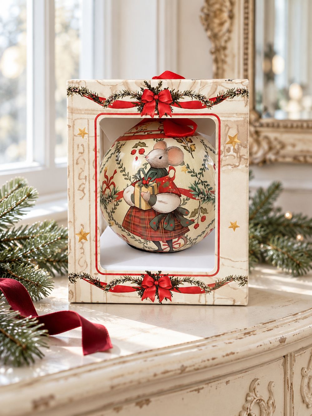 Coffret de la boule de Noël Souris posé sur une console ivoire patinée, accompagné de branches de sapin et d’un ruban bordeaux.