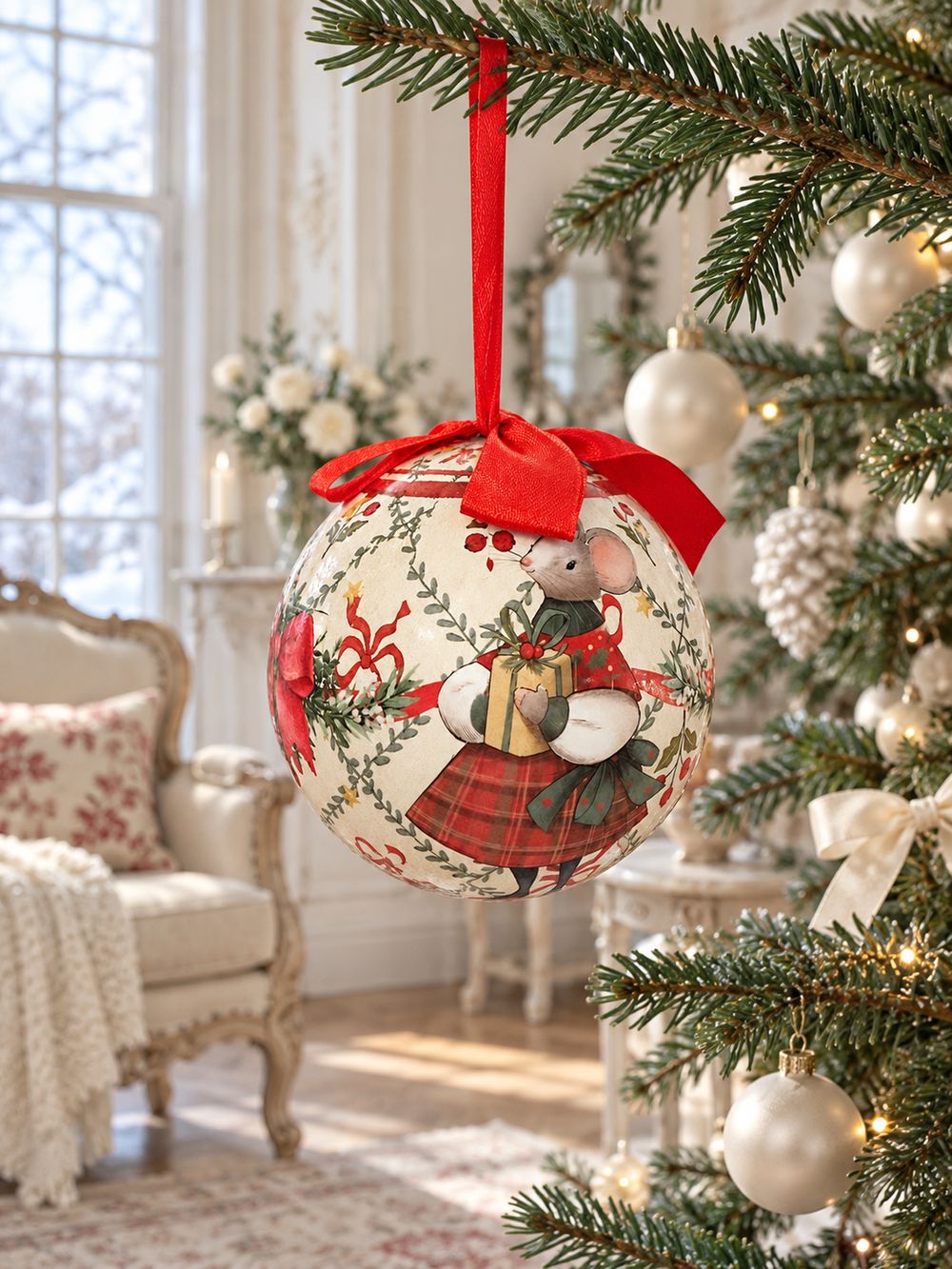 Boule de Noël Souris suspendue par son ruban rouge dans un sapin, au sein d’un salon lumineux aux meubles de charme.
