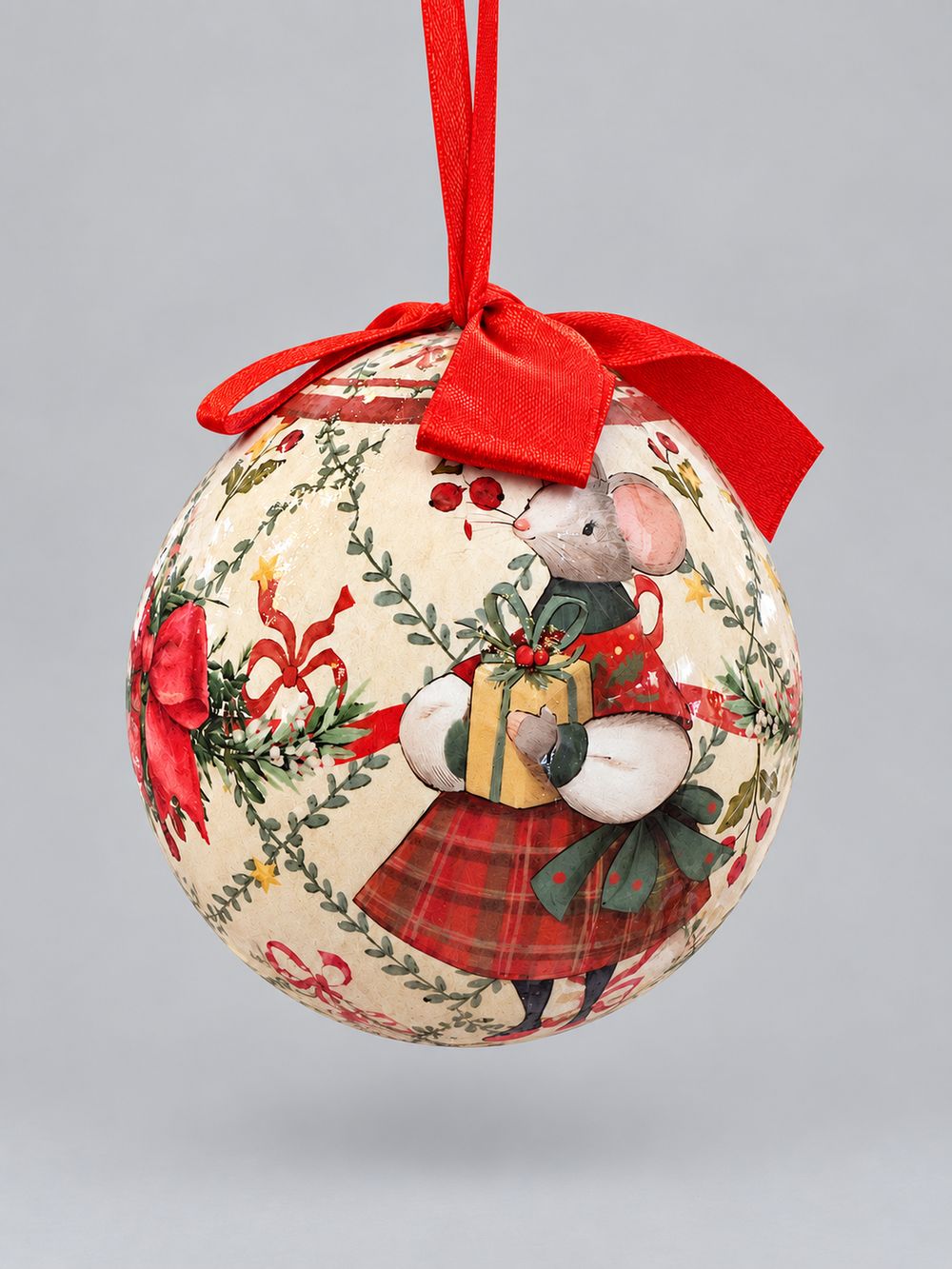 Boule de Noël crème illustrée d’une souris avec un cadeau, suspendue par son ruban rouge sur fond gris clair.