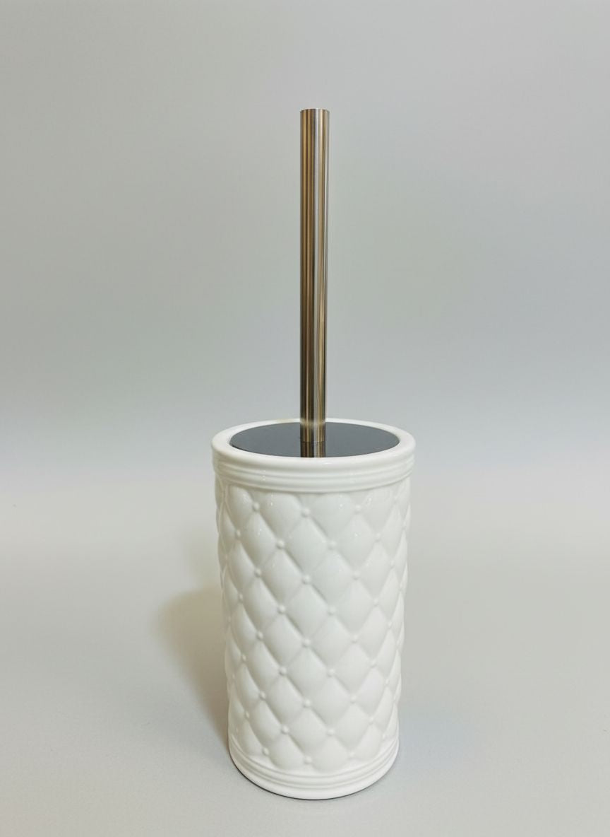 Brosse WC Boudoir Précieux en porcelaine blanche capitonnée avec manche métal argenté, style shabby chic romantique, hauteur 37 cm