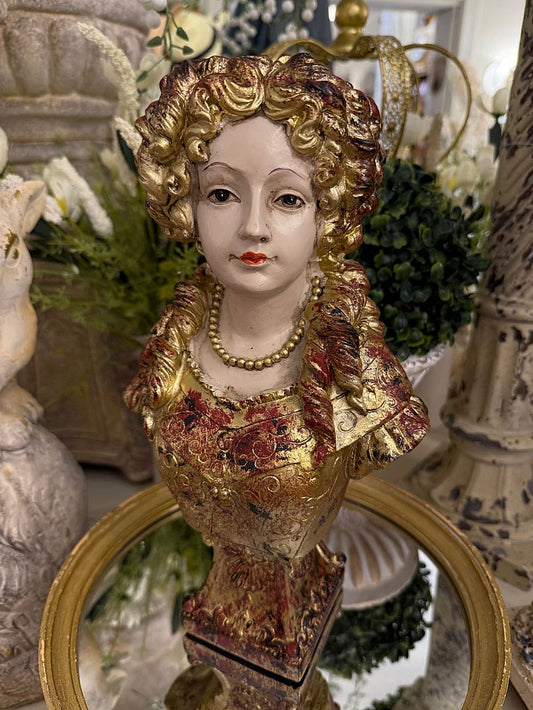 Buste décoratif Comtesse Baroque d’Or, doré et rouge bordeaux, style romantique et shabby chic, décoration de charme féminine