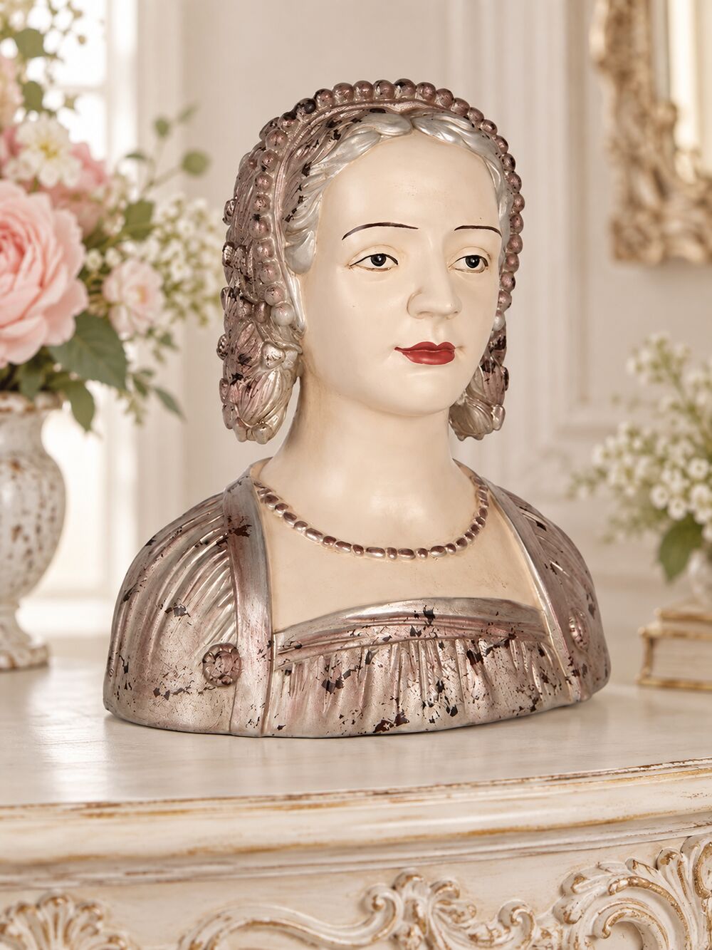Buste Madame la Marquise vu de trois quarts, coiffure travaillée et tenue patinée.