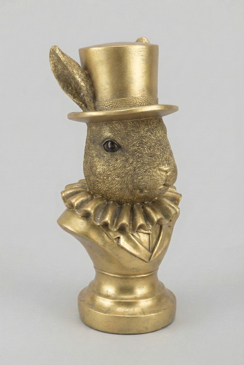 Buste décoratif lapin doré avec chapeau haut-de-forme, décoration de Pâques élégante, style shabby chic et ambiance féérique