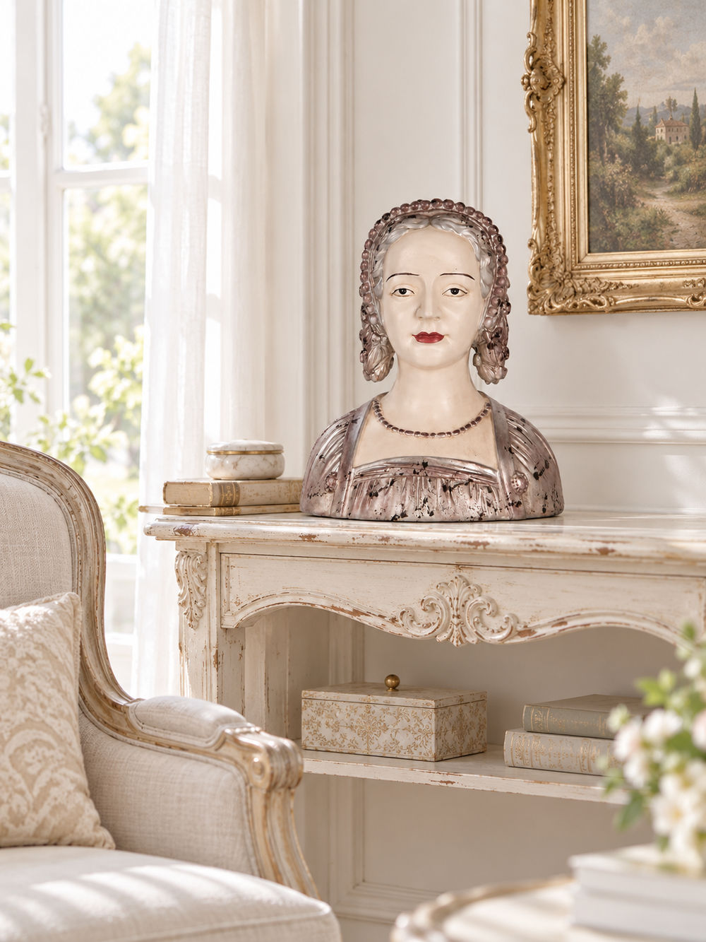 Buste Madame la Marquise dans un salon lumineux, posé sur une console près d’un fauteuil ancien.