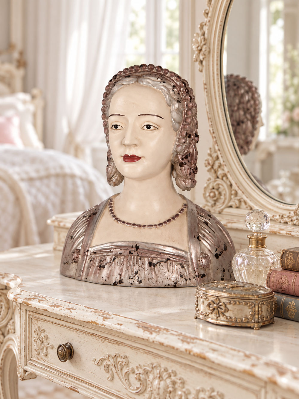Buste décoratif Madame la Marquise sur une coiffeuse patinée dans un intérieur romantique.