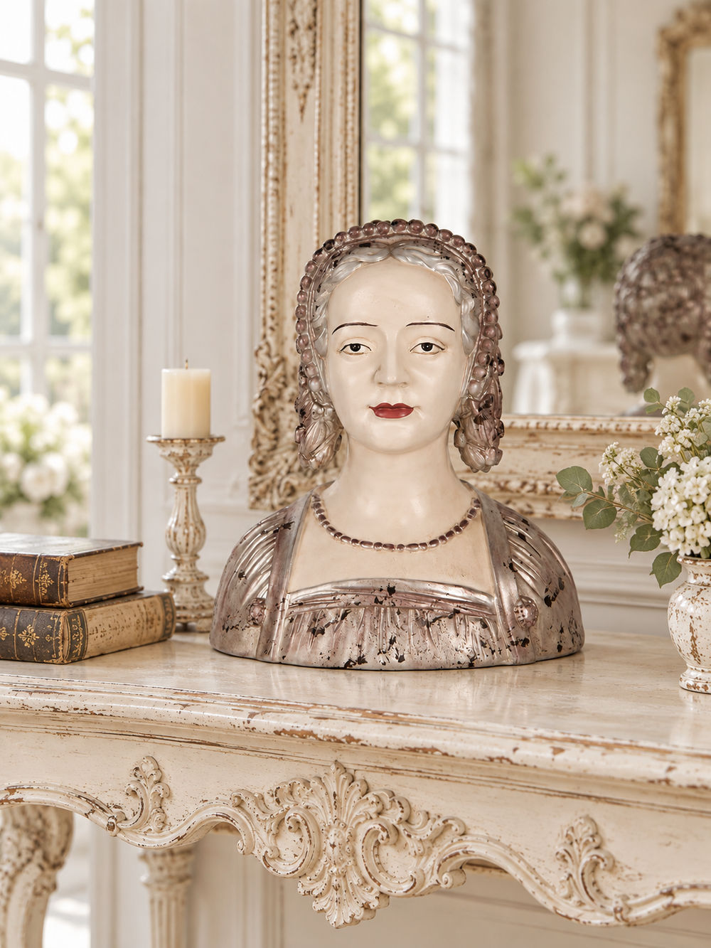 Buste Madame la Marquise sur une console ancienne devant un miroir, décoration shabby chic romantique.