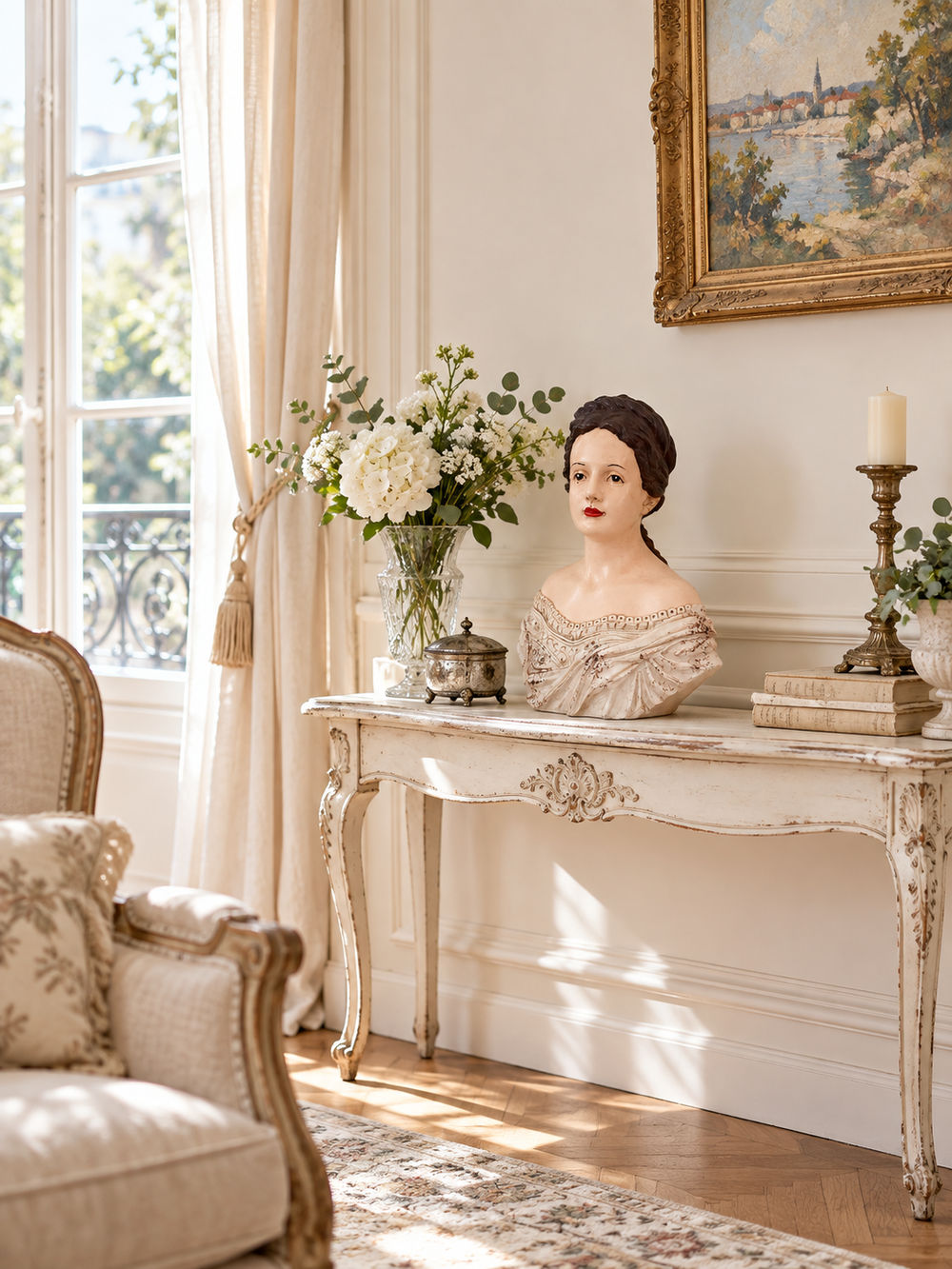 Buste décoratif de femme Olympe aux cheveux bruns et tenue blanc cassé patinée, style romantique shabby chic pour console ou coiffeuse