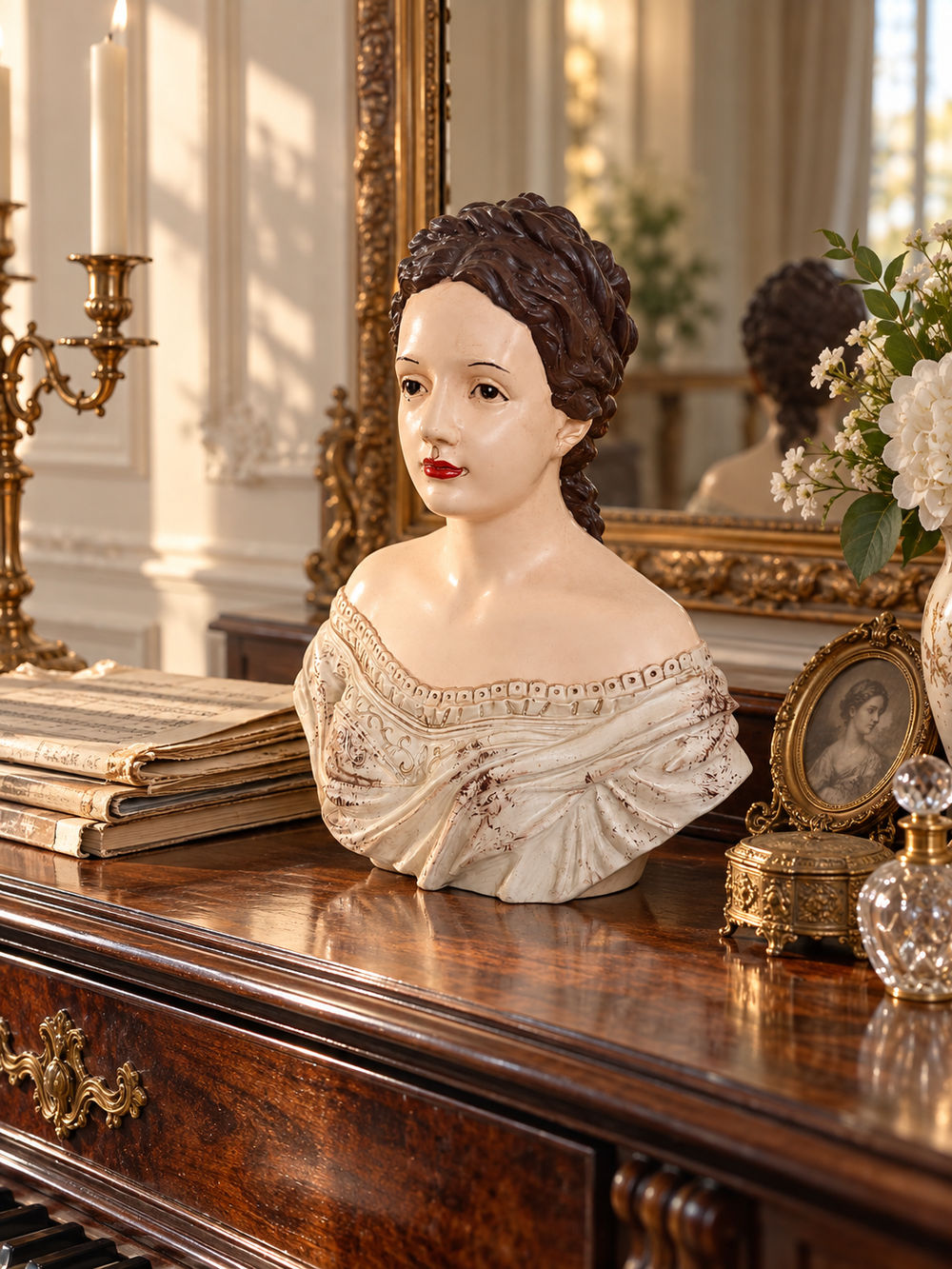 Buste décoratif de femme Olympe aux cheveux bruns et tenue blanc cassé patinée, style romantique shabby chic pour console ou coiffeuse