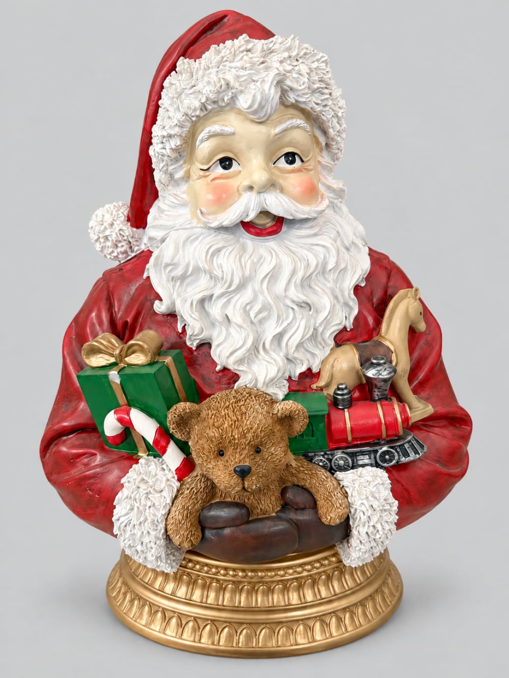 Buste Père Noël Enchanté rouge et blanc avec ours, cadeaux et petits jouets sur socle doré, décoration de Noël vintage et féérique