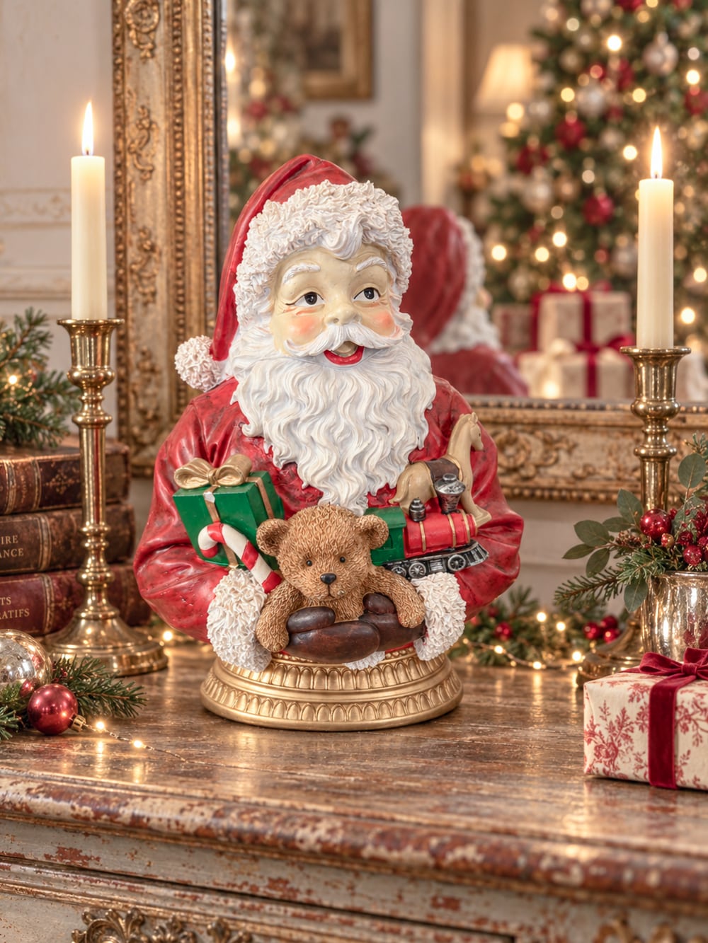 Buste Père Noël Enchanté rouge et blanc avec ours, cadeaux et petits jouets sur socle doré, décoration de Noël vintage et féérique