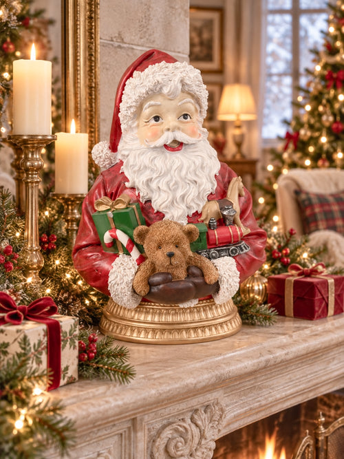 Buste Père Noël Enchanté rouge et blanc avec ours, cadeaux et petits jouets sur socle doré, décoration de Noël vintage et féérique