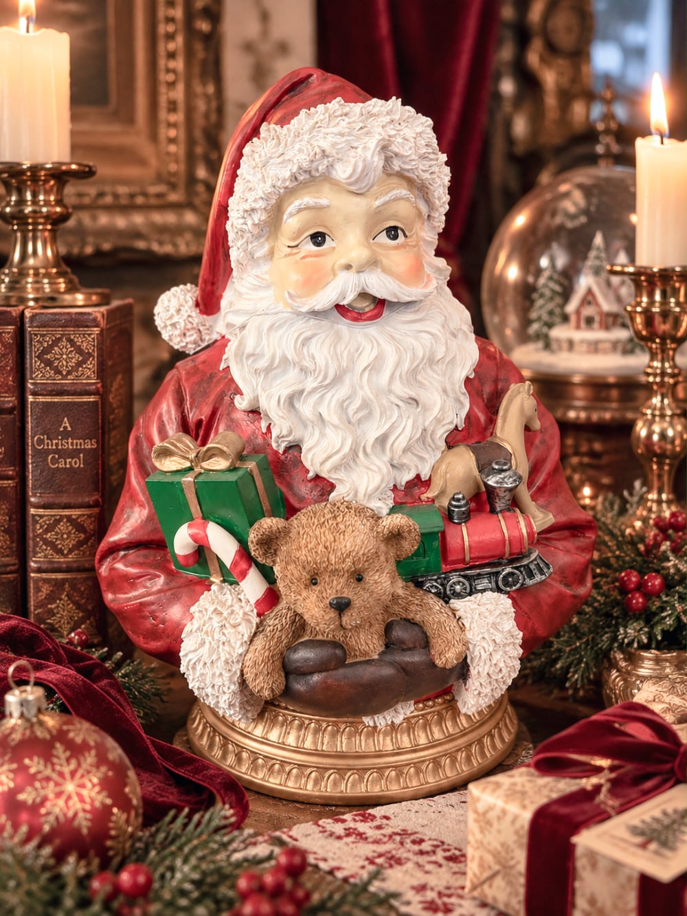 Buste Père Noël Enchanté rouge et blanc avec ours, cadeaux et petits jouets sur socle doré, décoration de Noël vintage et féérique