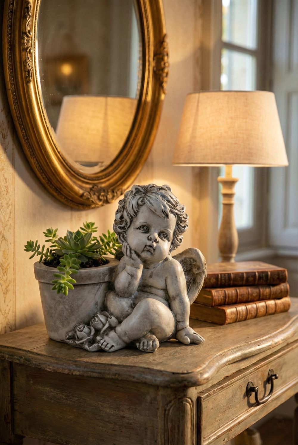 Cache-pot ange en résine gris patiné 22 cm, style shabby chic et décoration romantique, angelot ailé assis avec pot intégré, ambiance poétique et charme ancien.