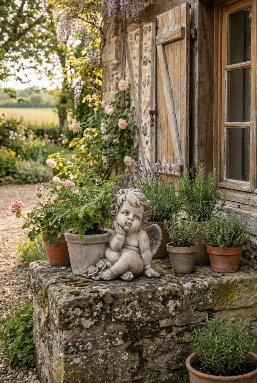 Cache-pot ange en résine gris patiné 22 cm, style shabby chic et décoration romantique, angelot ailé assis avec pot intégré, ambiance poétique et charme ancien.