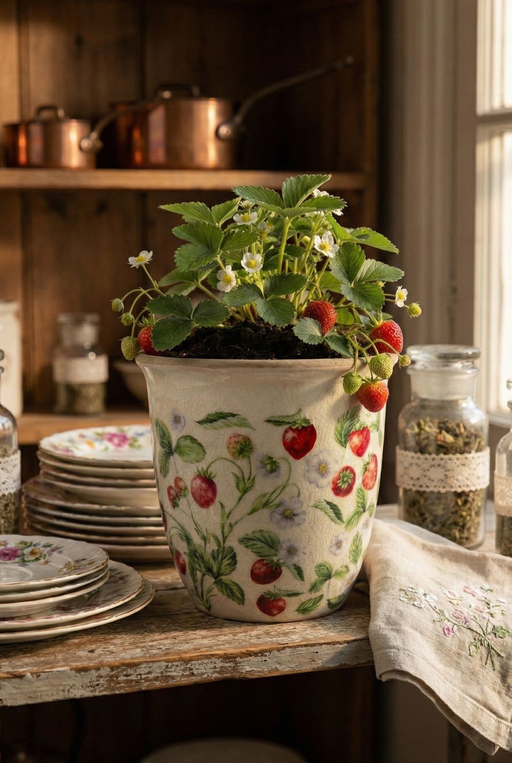 Cache-pot décoratif en terre cuite blanche patinée, motifs fraises rouges et feuillages verts, style shabby chic et romantique, décoration de charme poétique