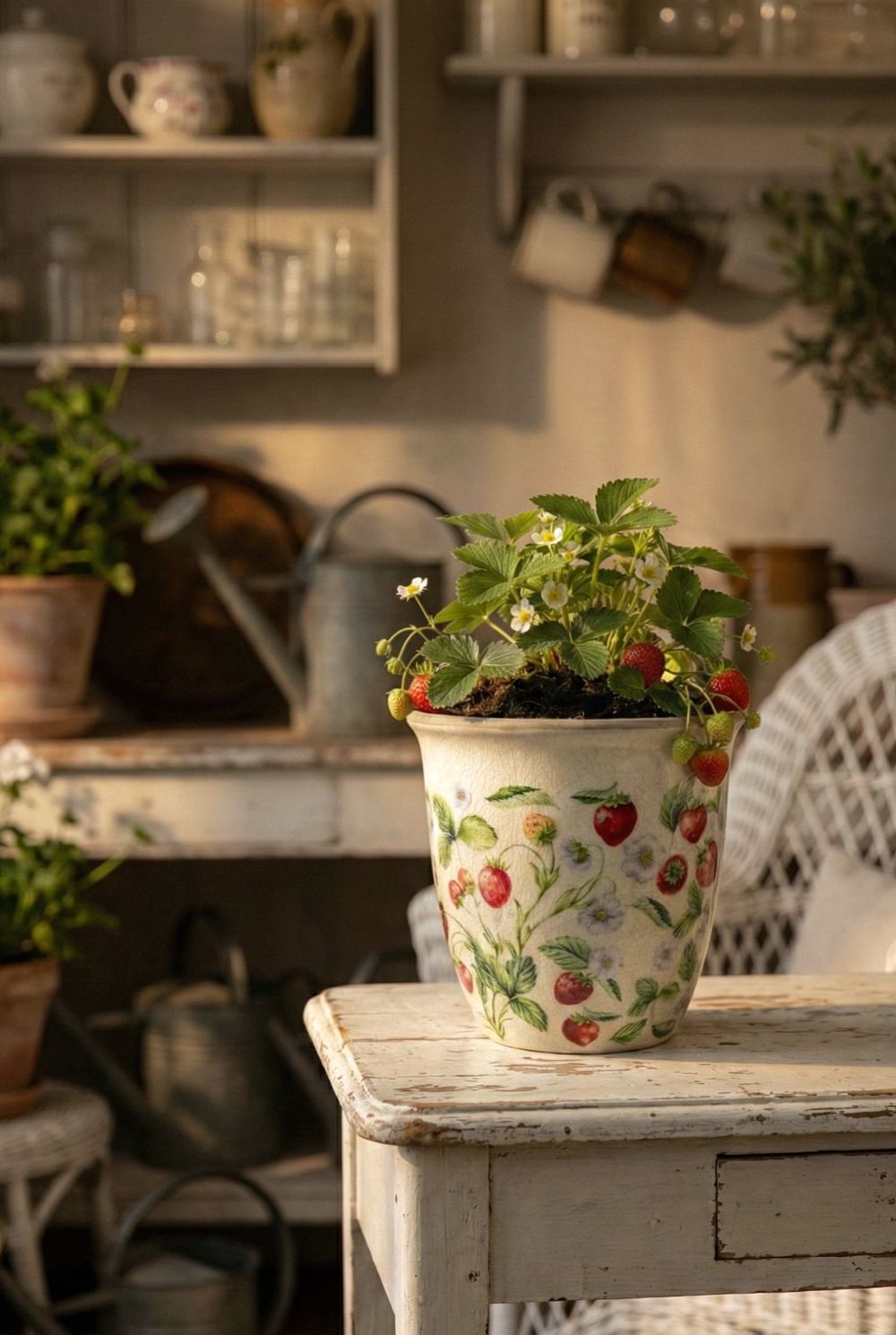 Cache-pot décoratif en terre cuite blanche patinée, motifs fraises rouges et feuillages verts, style shabby chic et romantique, décoration de charme poétique