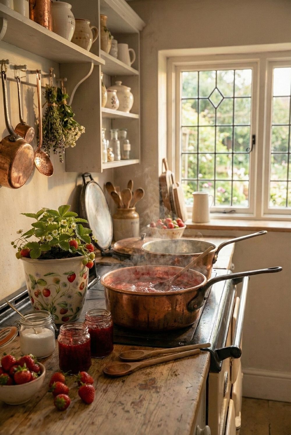 Cache-pot décoratif en terre cuite blanche patinée, motifs fraises rouges et feuillages verts, style shabby chic et romantique, décoration de charme poétique