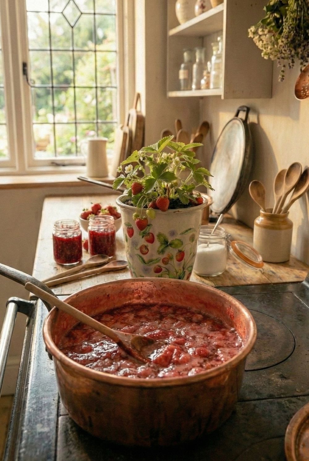 Cache-pot décoratif en terre cuite blanche patinée, motifs fraises rouges et feuillages verts, style shabby chic et romantique, décoration de charme poétique