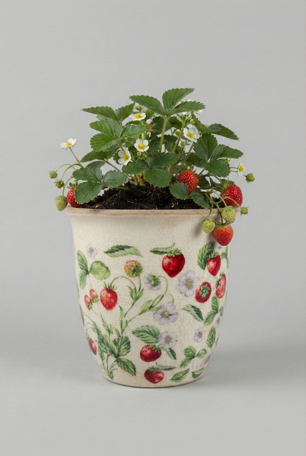 Cache-pot décoratif en terre cuite blanche patinée, motifs fraises rouges et feuillages verts, style shabby chic et romantique, décoration de charme poétique