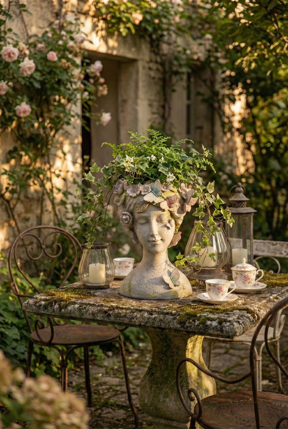 Cache-pot décoratif buste féminin beige patiné avec papillons et fleurs, style romantique shabby chic et ambiance poétique de charme