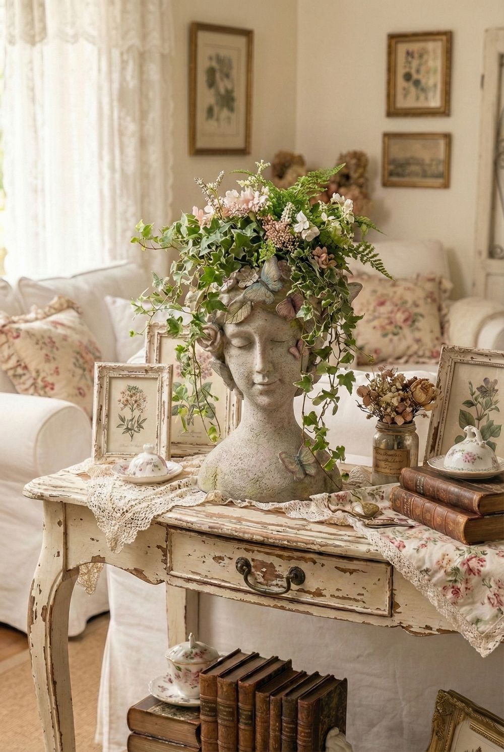 Cache-pot décoratif buste féminin beige patiné avec papillons et fleurs, style romantique shabby chic et ambiance poétique de charme