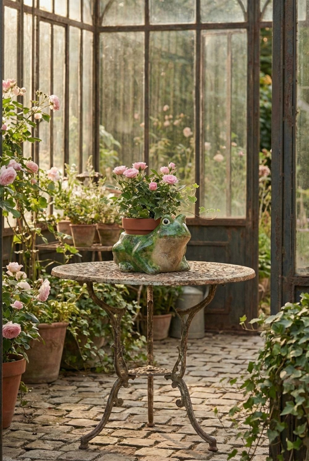 Cache-pot grenouille en terre cuite verte, accessoire de décoration de charme au style shabby chic, ambiance poétique et féérique pour intérieur romantique