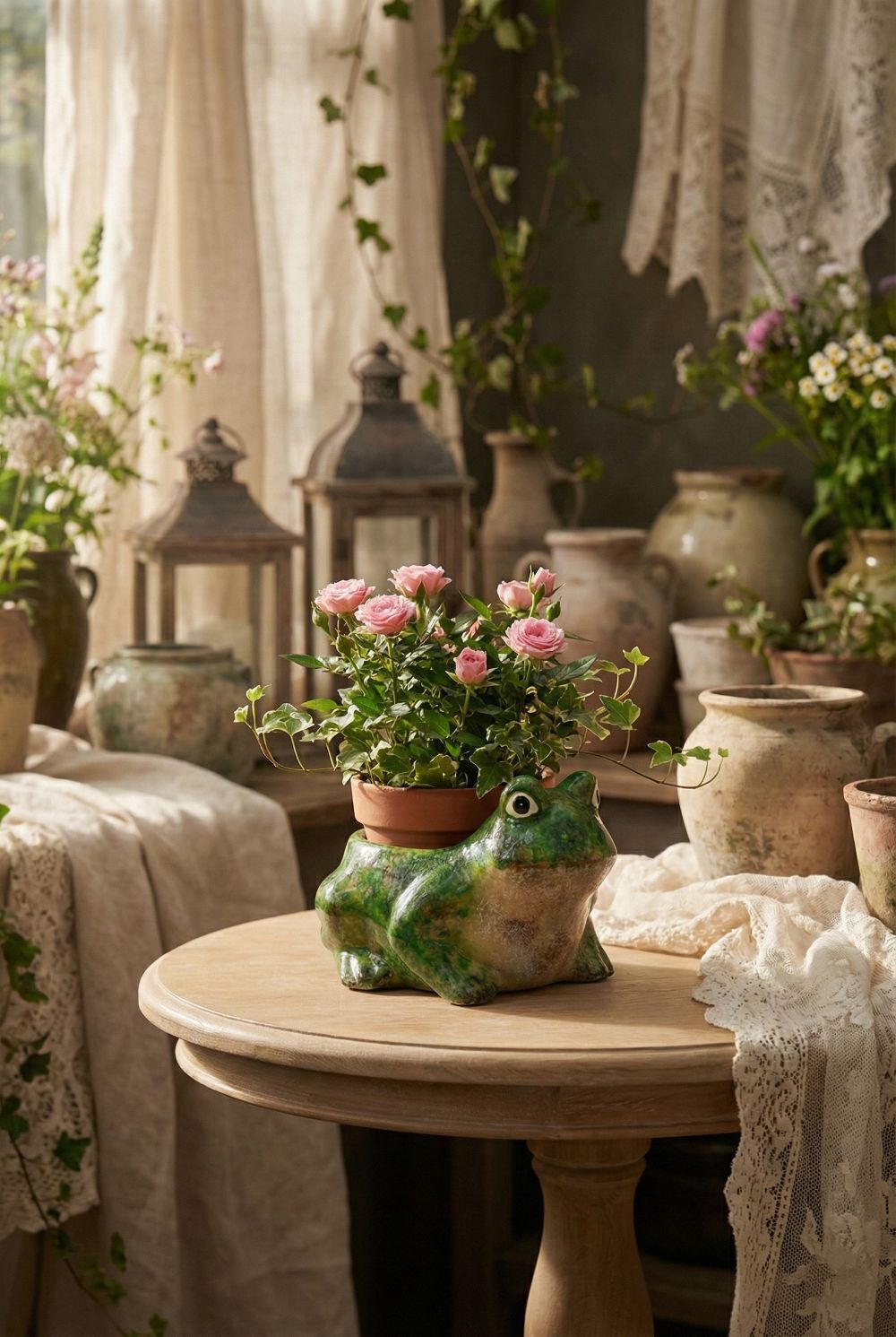 Cache-pot grenouille en terre cuite verte, accessoire de décoration de charme au style shabby chic, ambiance poétique et féérique pour intérieur romantique