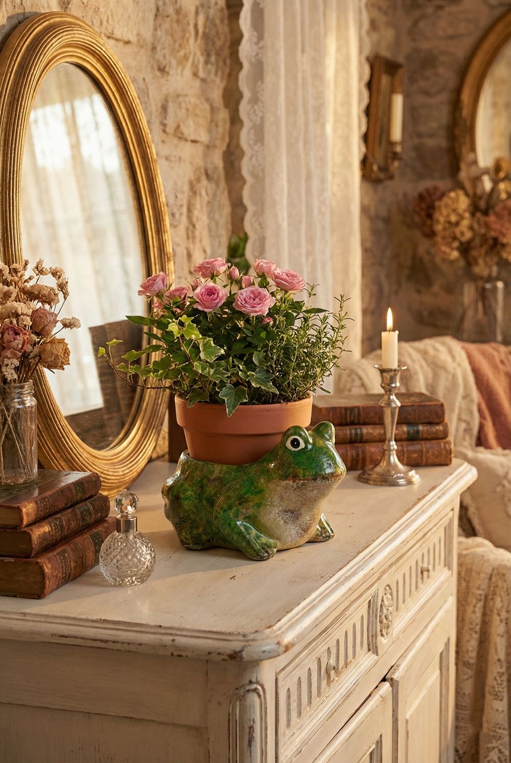 Cache-pot grenouille en terre cuite verte, accessoire de décoration de charme au style shabby chic, ambiance poétique et féérique pour intérieur romantique