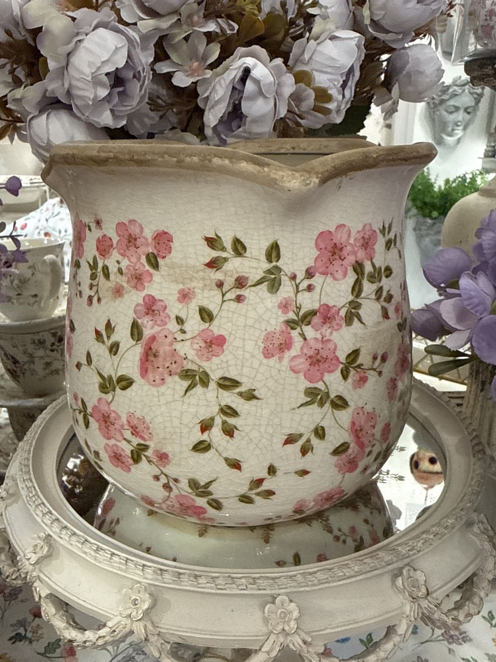 Cache-pot Liberty fleuri blanc à motifs roses, cache-pot décoratif shabby chic romantique pour intérieur de charme