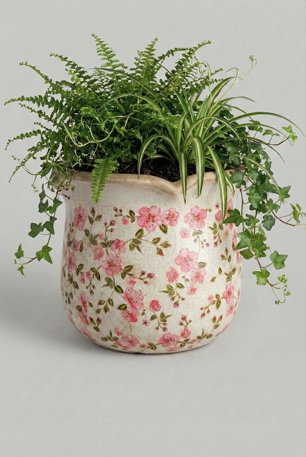 Cache-pot Liberty fleuri blanc à motifs roses, cache-pot décoratif shabby chic romantique pour intérieur de charme