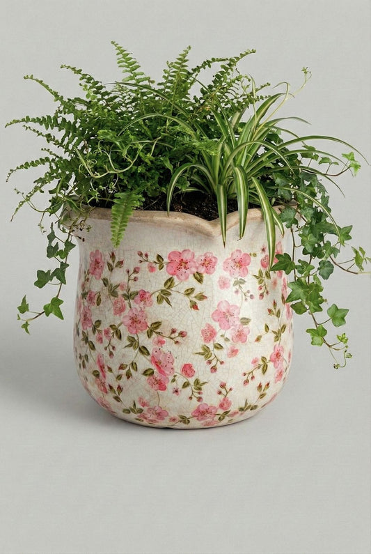 Cache-pot Liberty fleuri blanc à motifs roses, cache-pot décoratif shabby chic romantique pour intérieur de charme