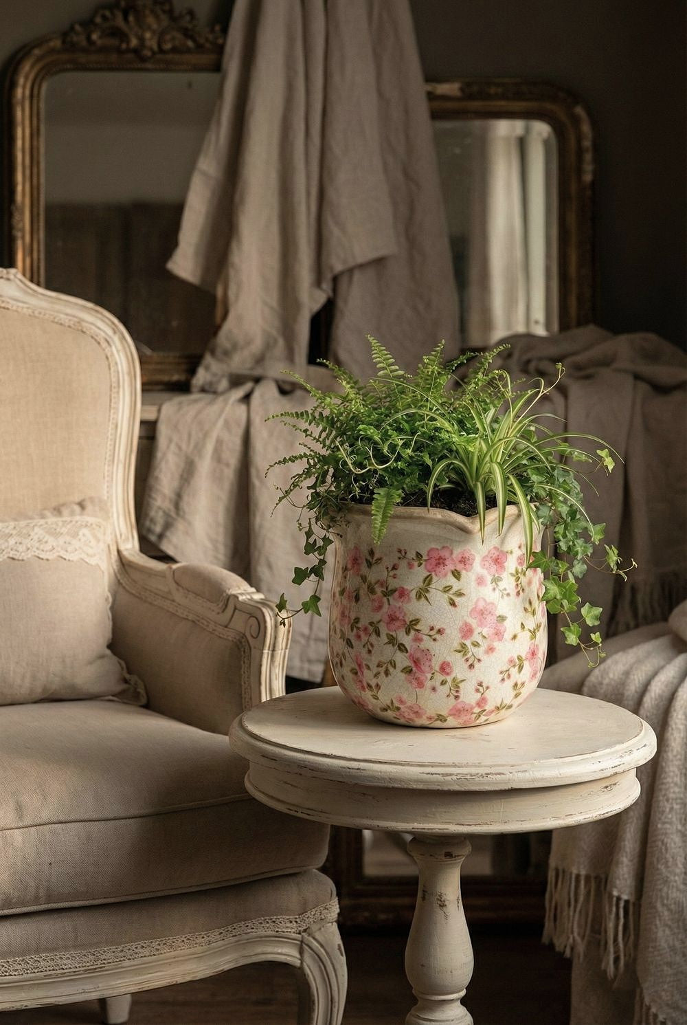 Cache-pot Liberty fleuri blanc à motifs roses, cache-pot décoratif shabby chic romantique pour intérieur de charme